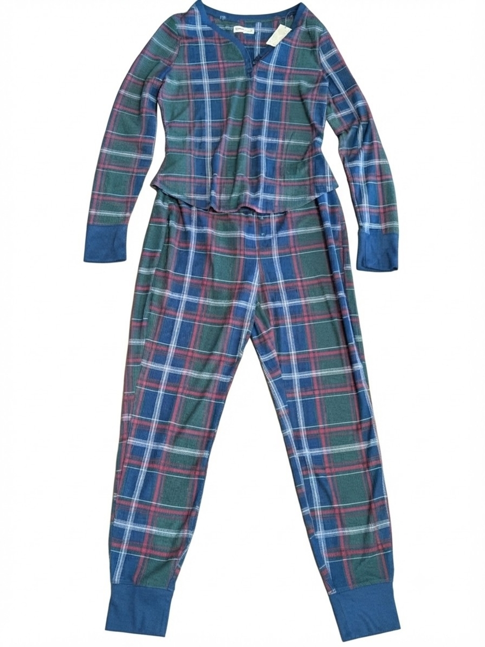 Sonoma Womens Pajama Set M Thermal Waffle Knit Green Blue Plaid NWT Sleepwear